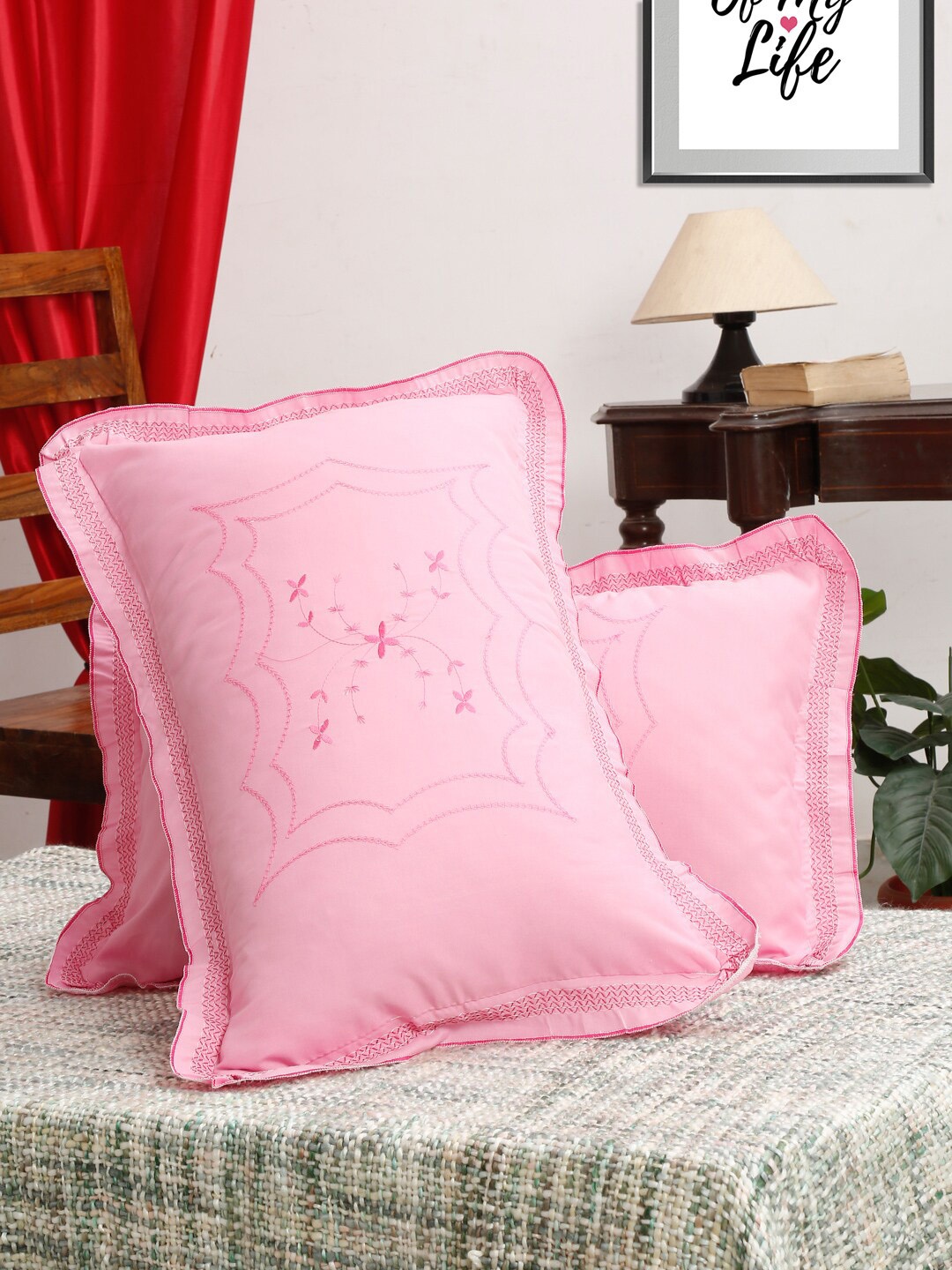 

HOSTA HOMES Pack Of 2 Pink Embroidered 220TC Pure-Cotton Pillow Covers