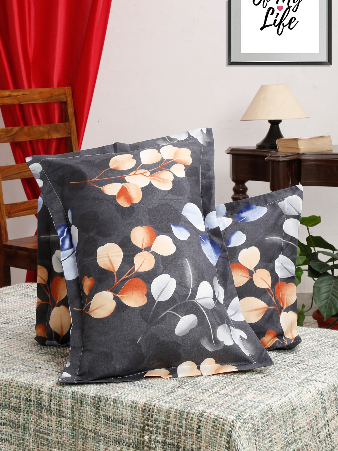 

HOSTA HOMES Pack of 2 Black & Orange Printed 280 Tc Pillow Covers