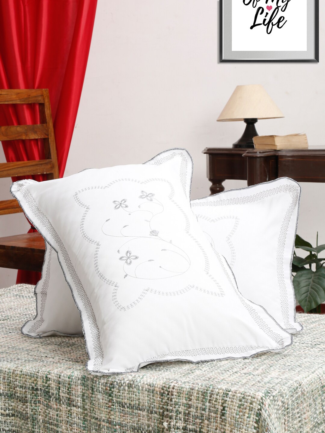 

HOSTA HOMES Pack of 2 White Embroidered Pure Cotton 220 TC Pillow Covers