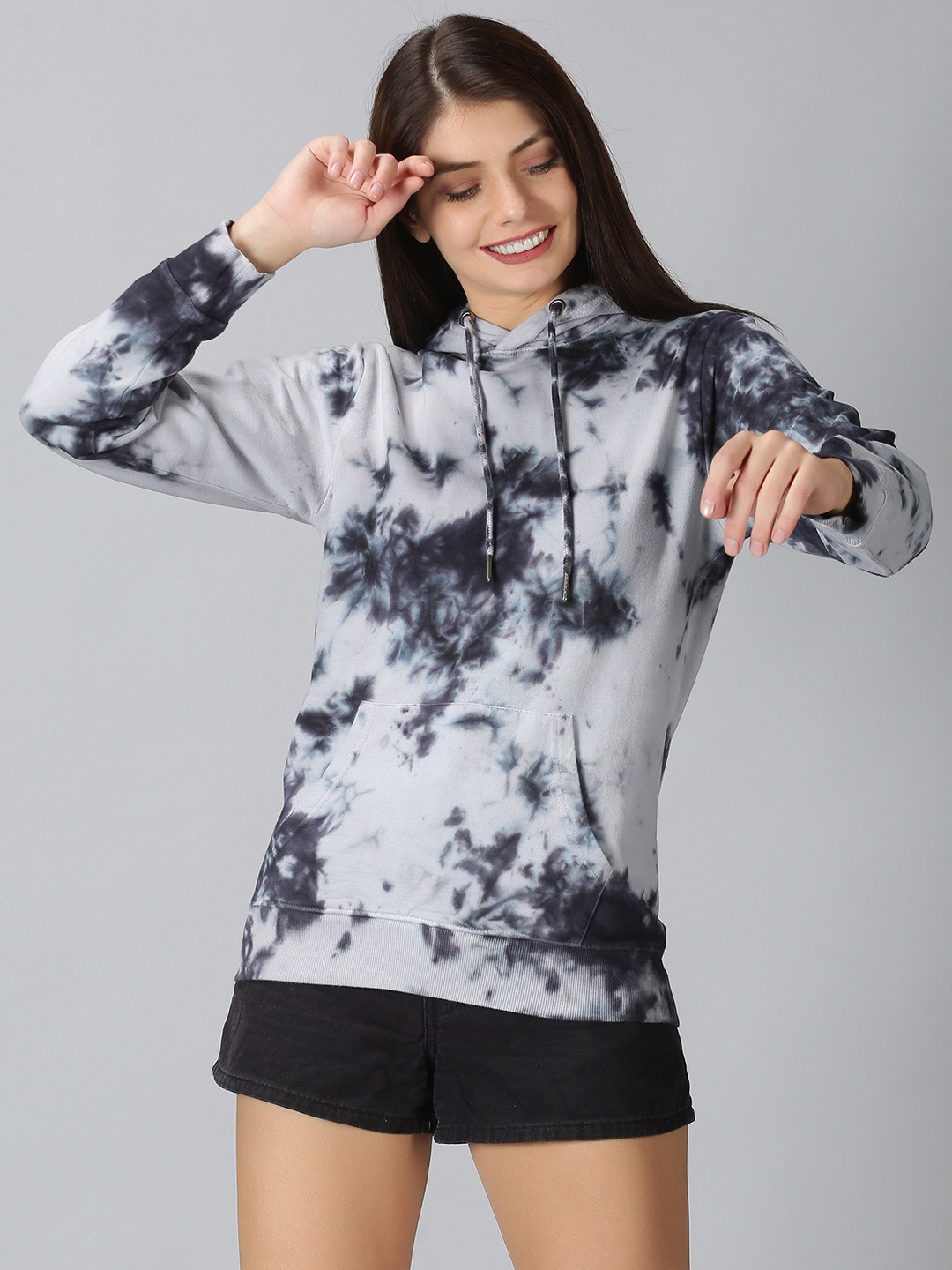 

The Short Store Women Black and Grey Tie-Dye Hooded Sweatshirt