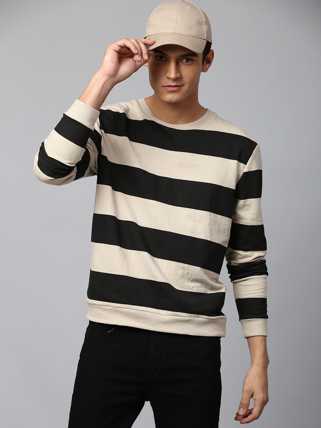 

Dennis Lingo Men Cream and Black Striped Sweatshirt