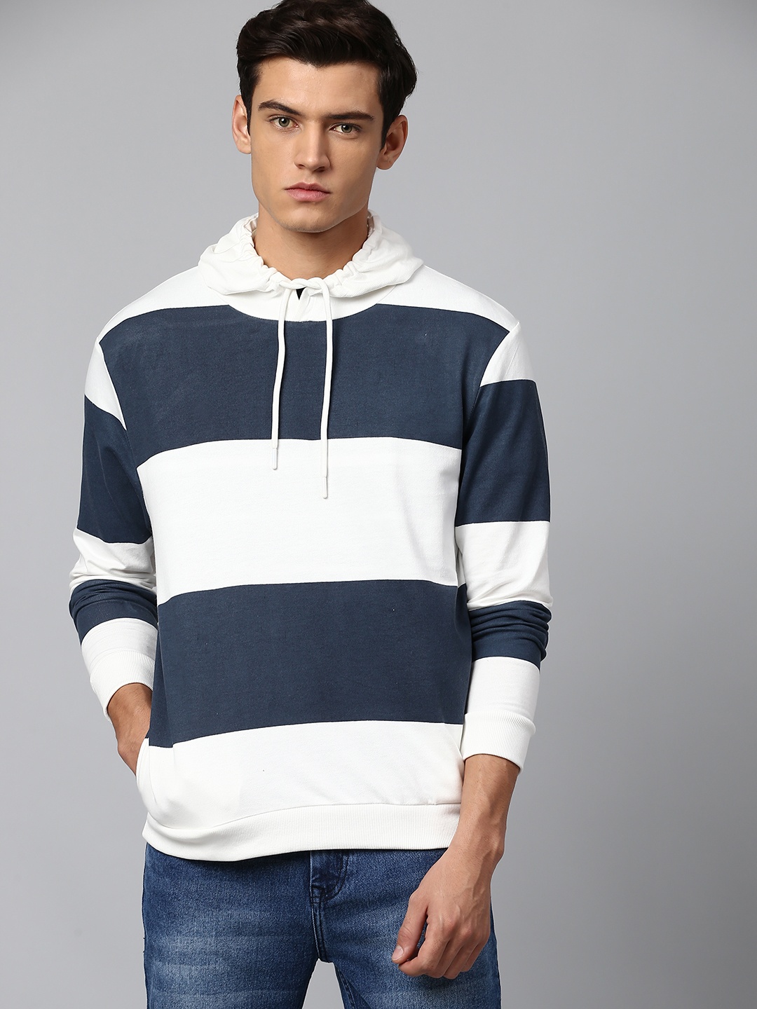 

Dennis Lingo Men White and Blue Color blocked Hooded Sweatshirt