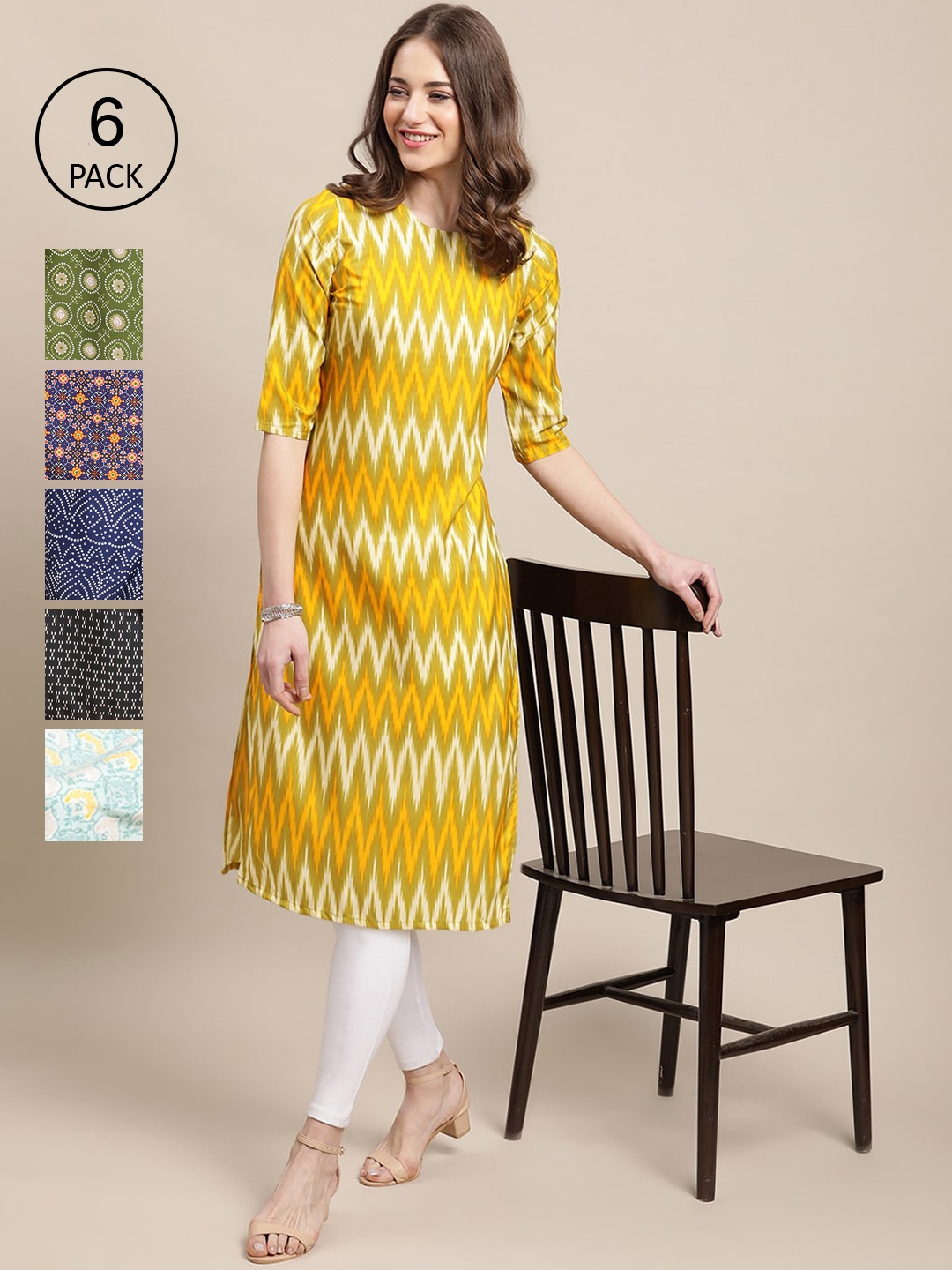 

7Threads Women Pack of 6 Geometric Printed Crepe Kurta, Yellow
