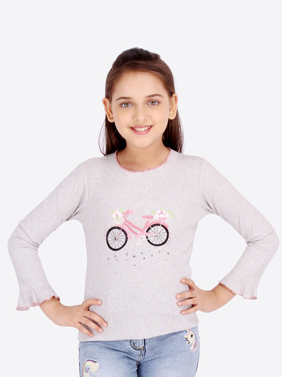 

CUTECUMBER Girls Grey Embroidered Top