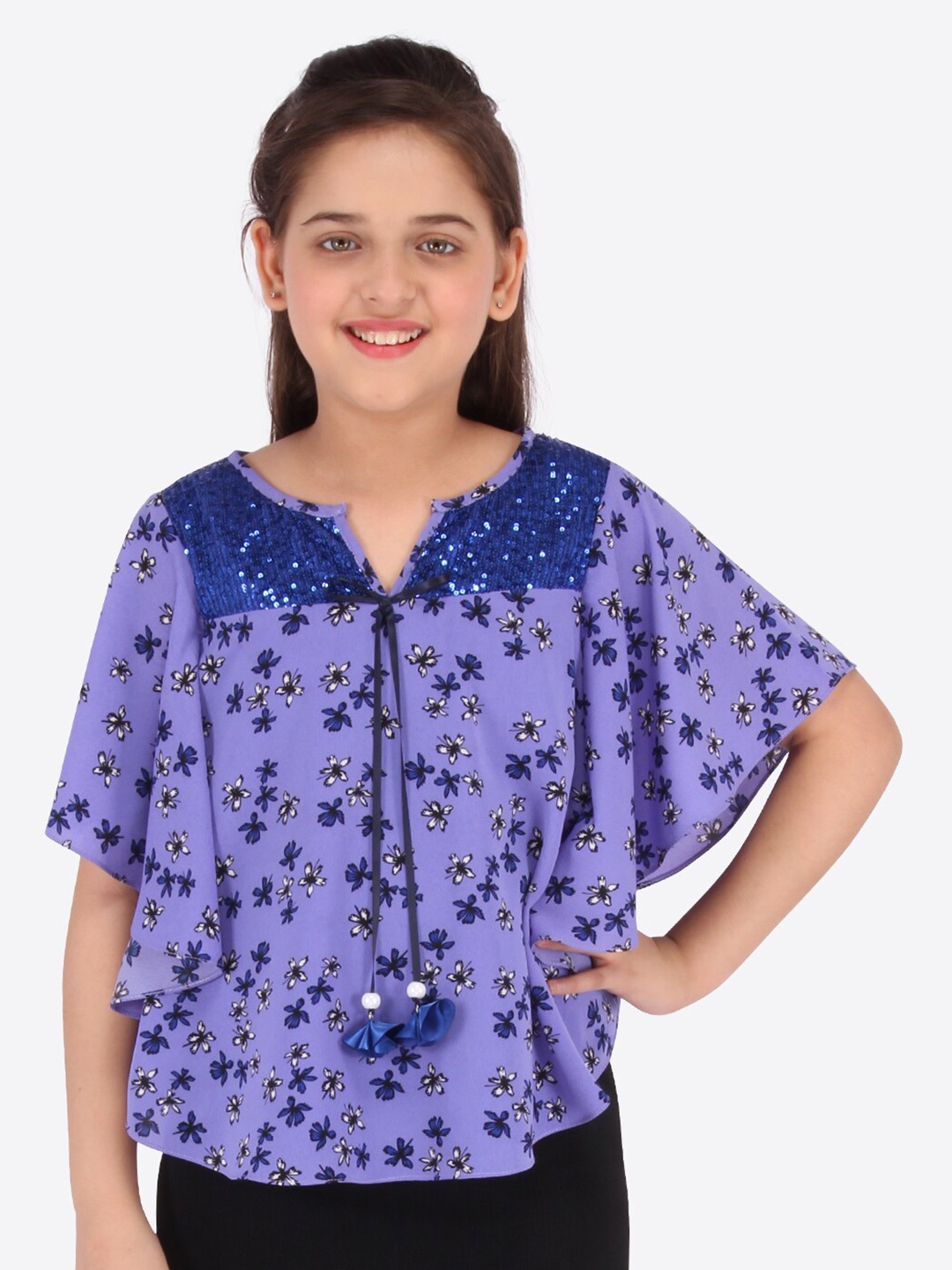 

CUTECUMBER Girls Purple Floral Print Georgette Kaftan Top