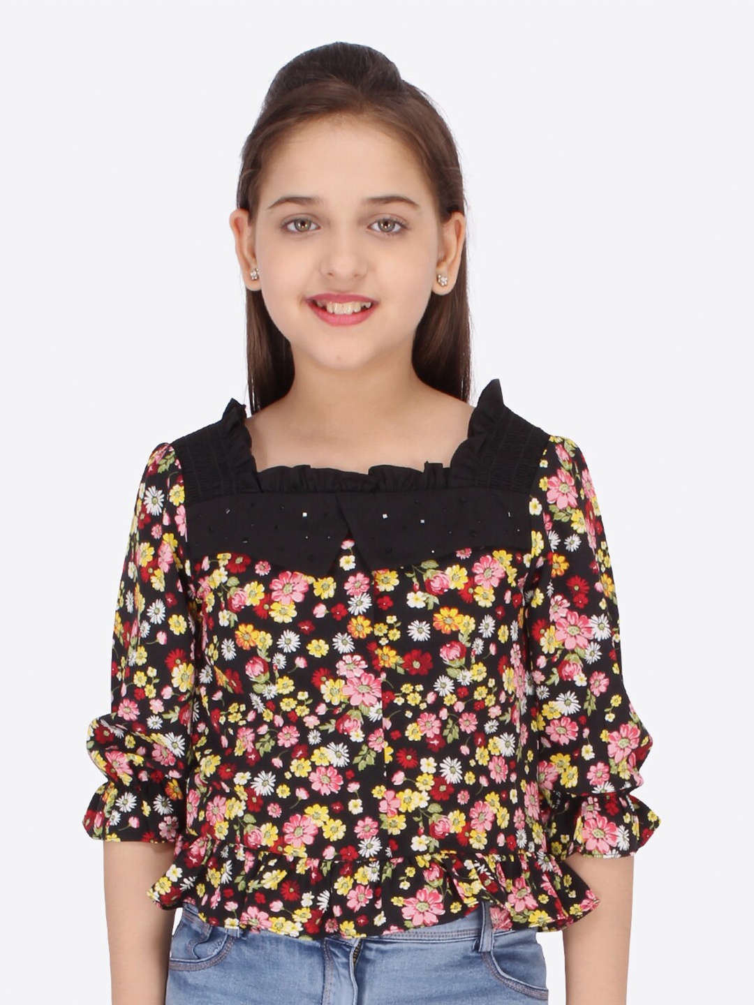 

CUTECUMBER Girls Black & Yellow Floral Print Georgette Top