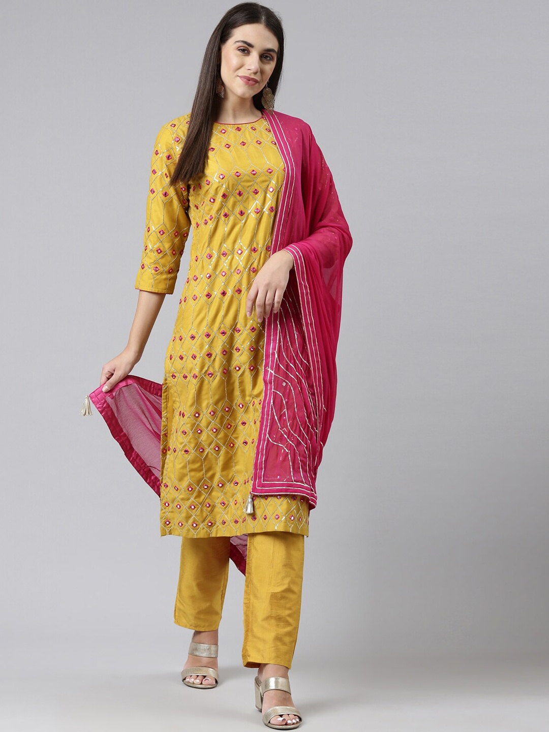 

Neerus Women Mustard Yellow Ethnic Motifs Printed Cotton Kurta With Trousers & Dupatta