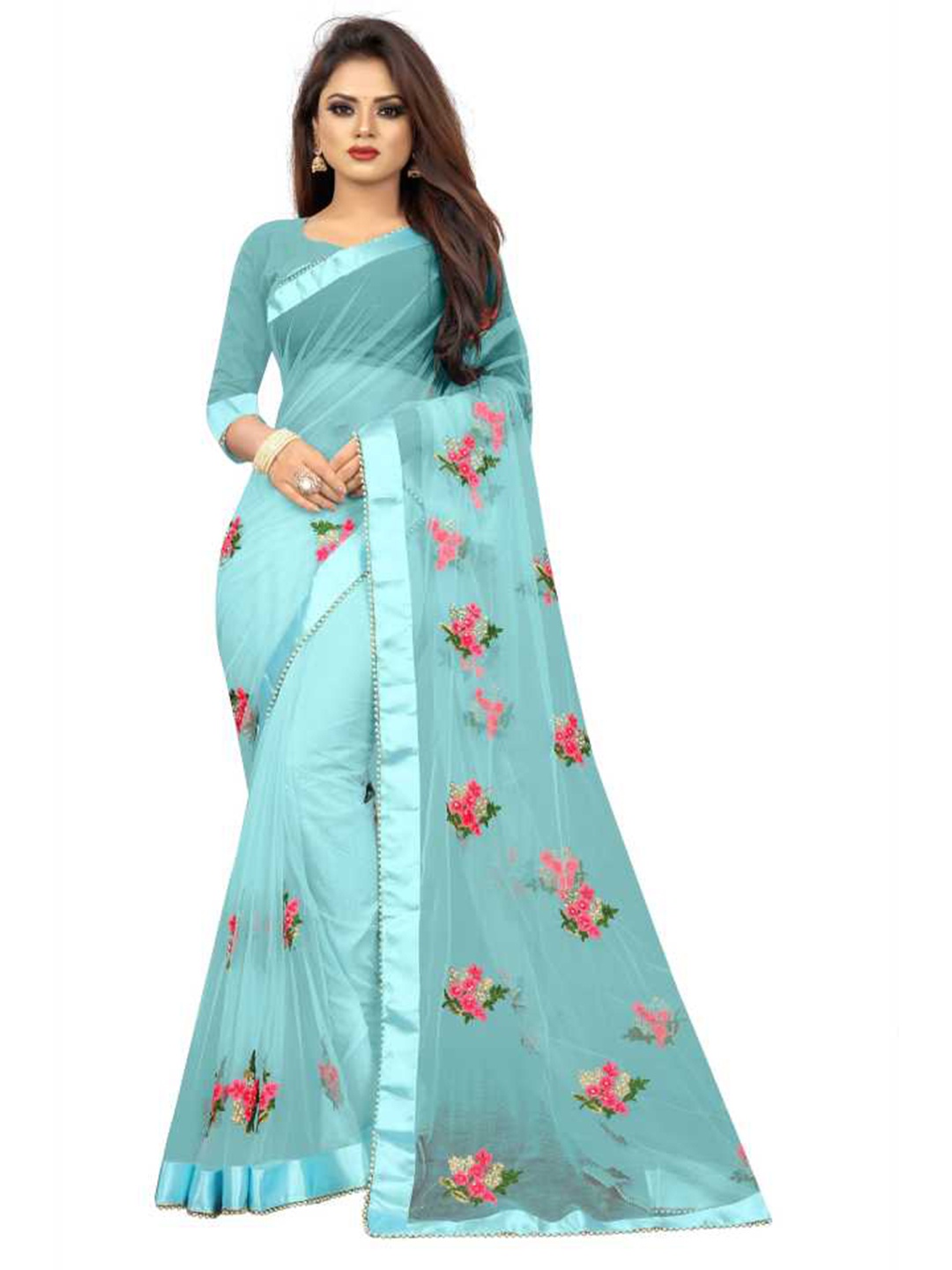 

Atsevam Blue & Pink Floral Embroidered Net Heavy Work Saree