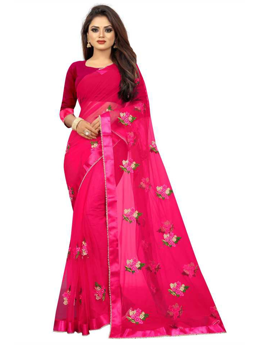 

Atsevam Pink & Green Floral Embroidered Net Heavy Work Saree