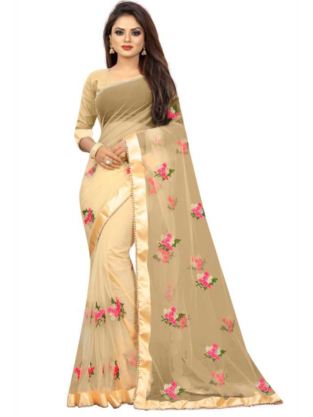 

Atsevam Beige & Pink Floral Embroidered Net Heavy Work Saree