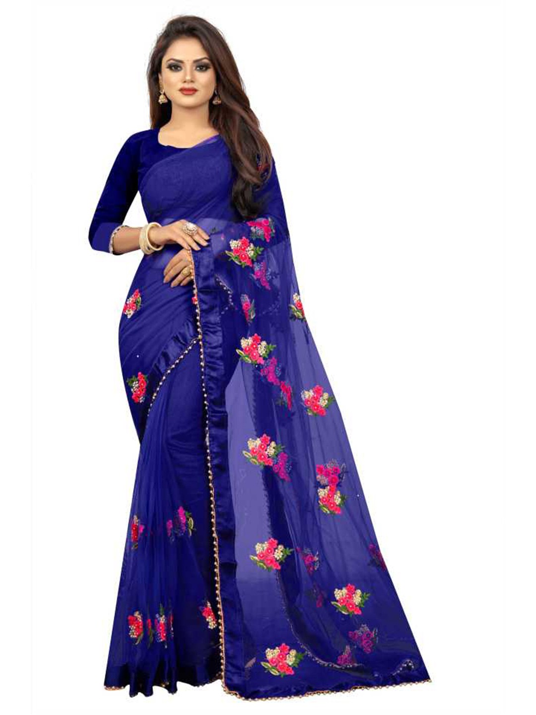 

Atsevam Blue & Pink Floral Embroidered Net Heavy Work Saree