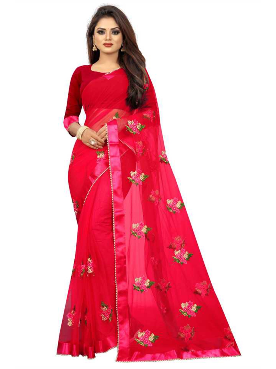 

Atsevam Red & Pink Floral Embroidered Net Heavy Work Saree