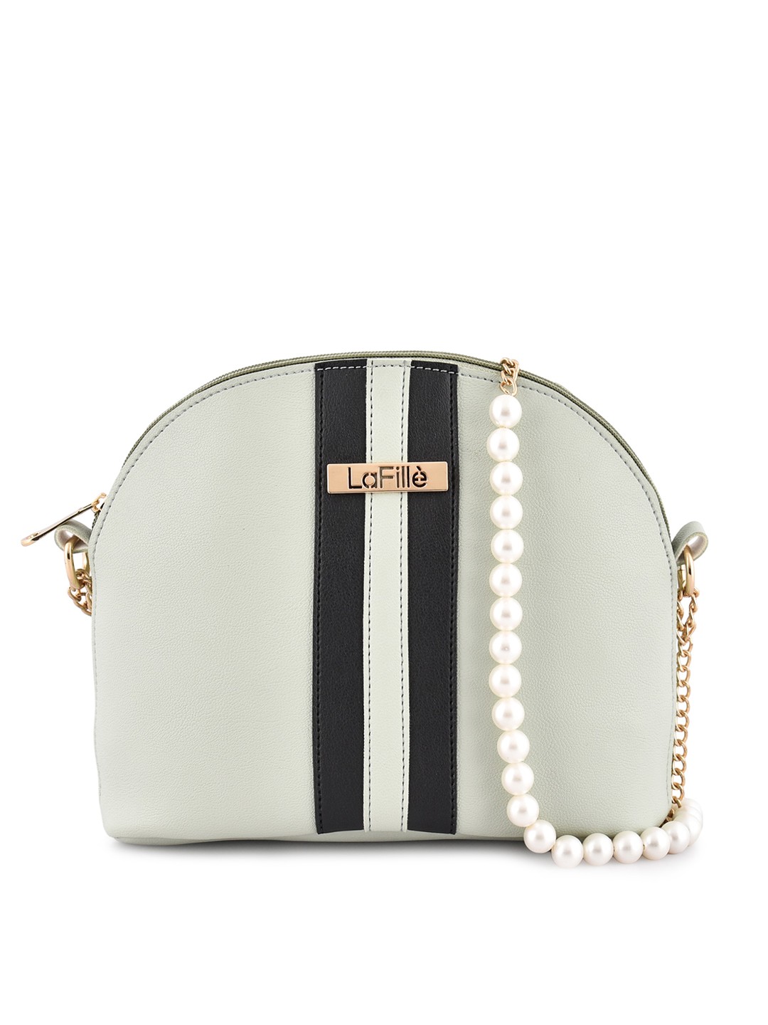 

LaFille Sea Green Striped PU Half Moon Sling Bag