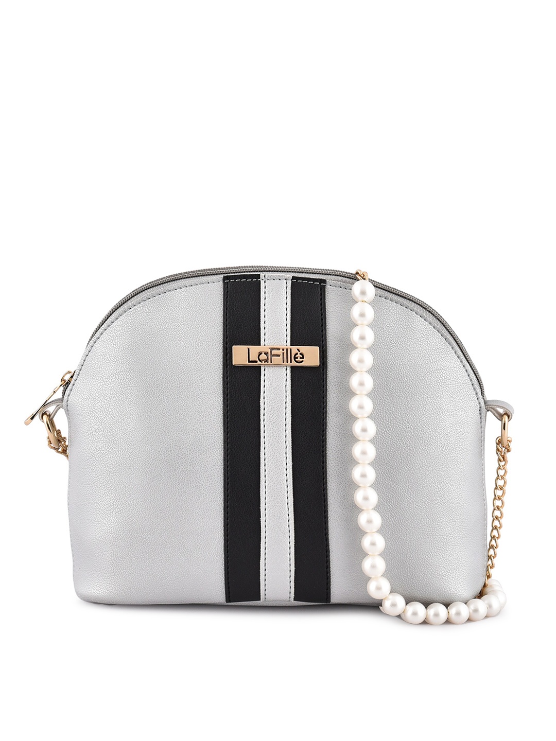 

LaFille Silver-Toned & Black Striped Sling Bag