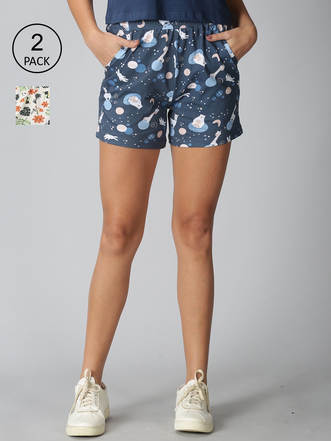 

The Short Store Women Pack of 2 Navy Blue And White Printed Shorts