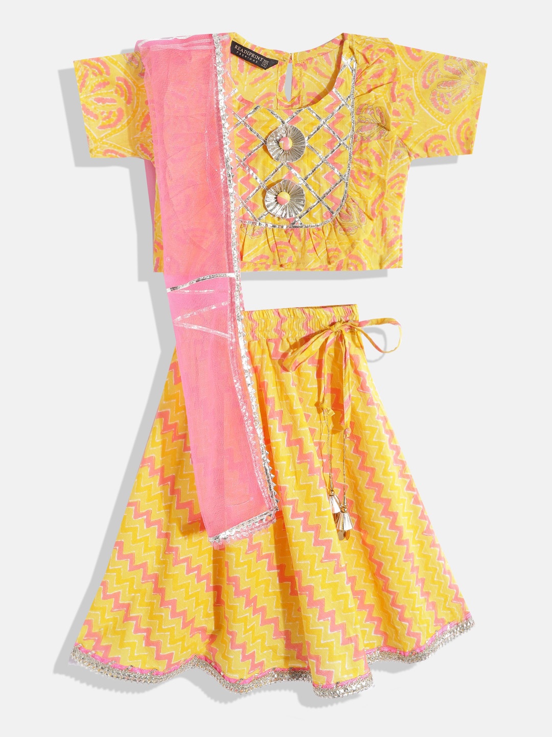 

Readiprint Fashions Girls Yellow & pink Ready to Wear Lehenga & Blouse With Dupatta