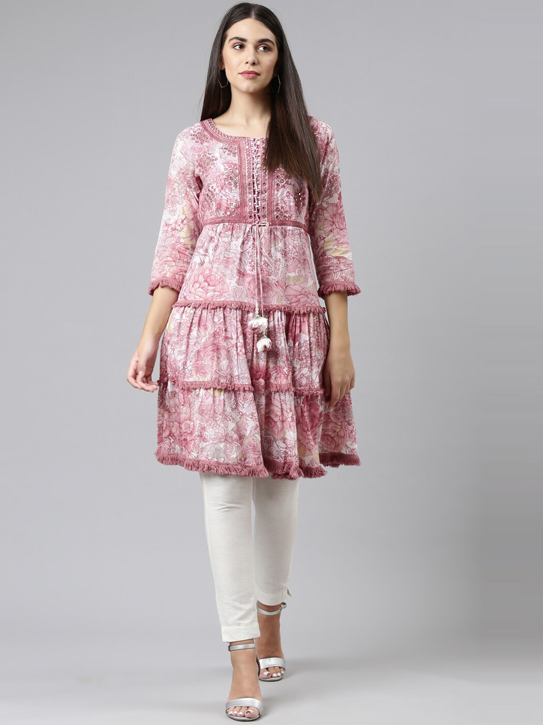 

Neerus Women Pink Floral Printed Mirror Work Georgette Anarkali Kurta