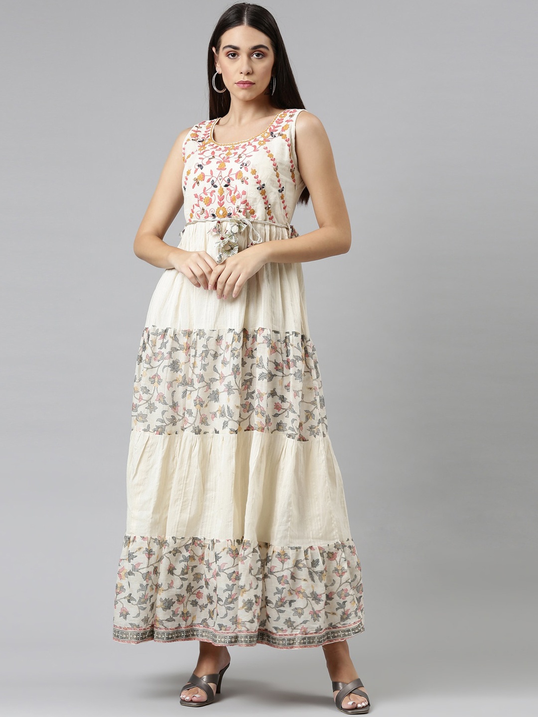 

Neerus Women Off White Printed Embroidered Tiered Ethnic Dress