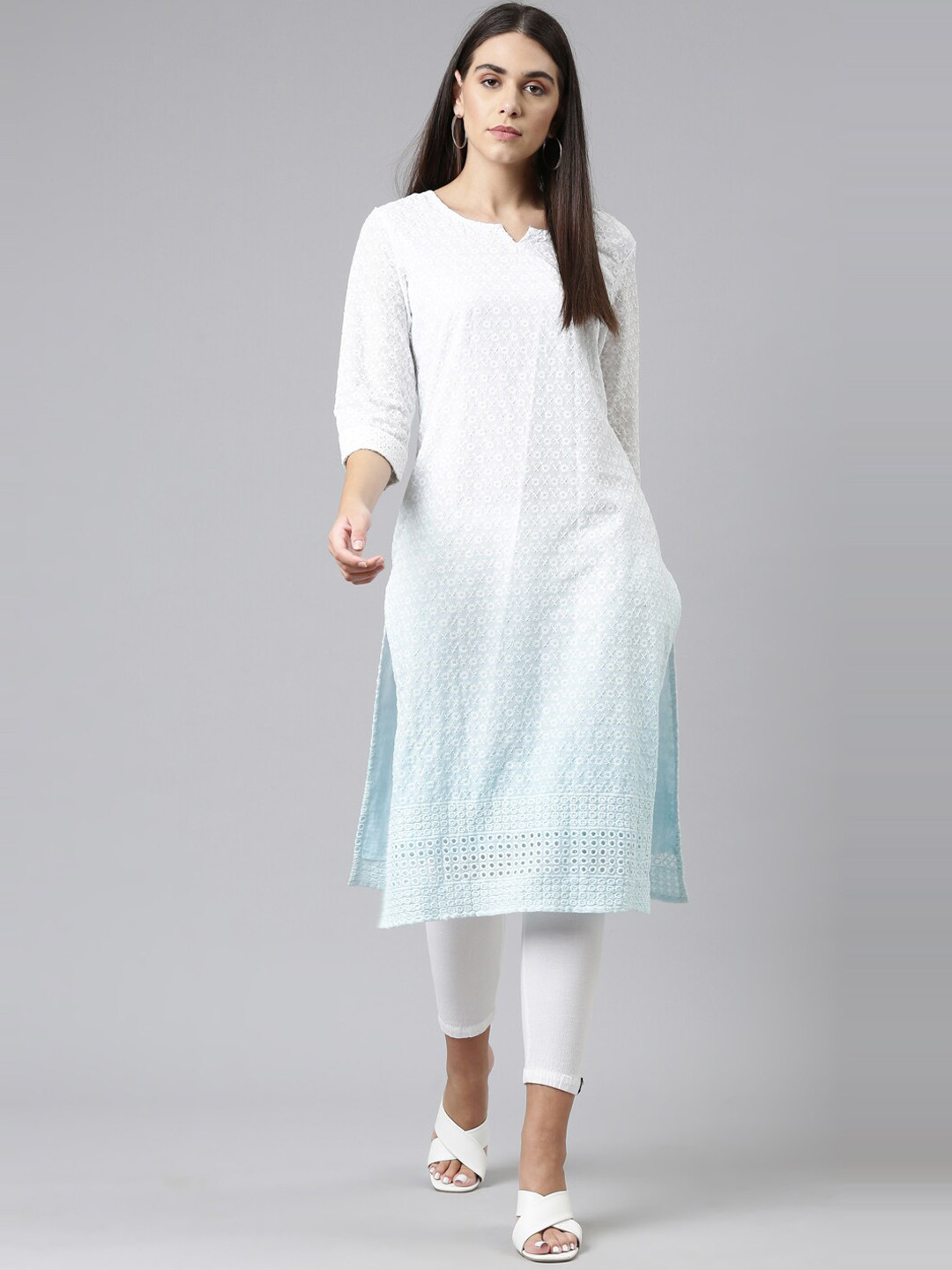 

Neerus Women Blue & White Ethnic Motifs Embroidered Straight Kurta