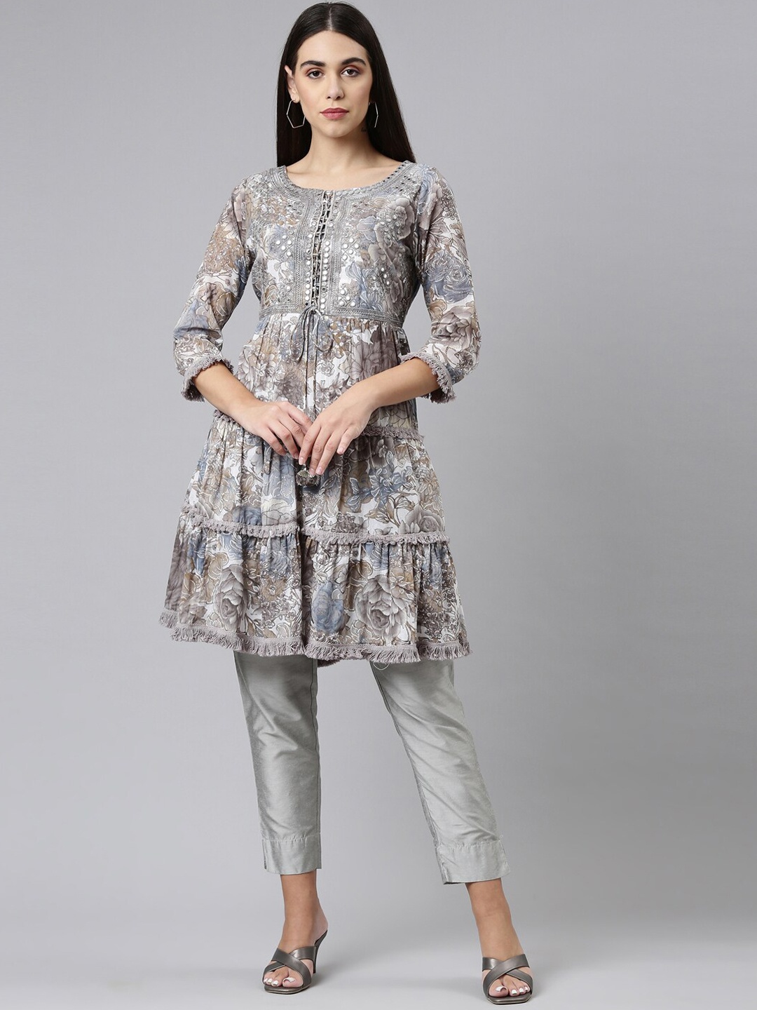 

Neerus Women Grey Floral Printed Mirror Work Georgette Kurta