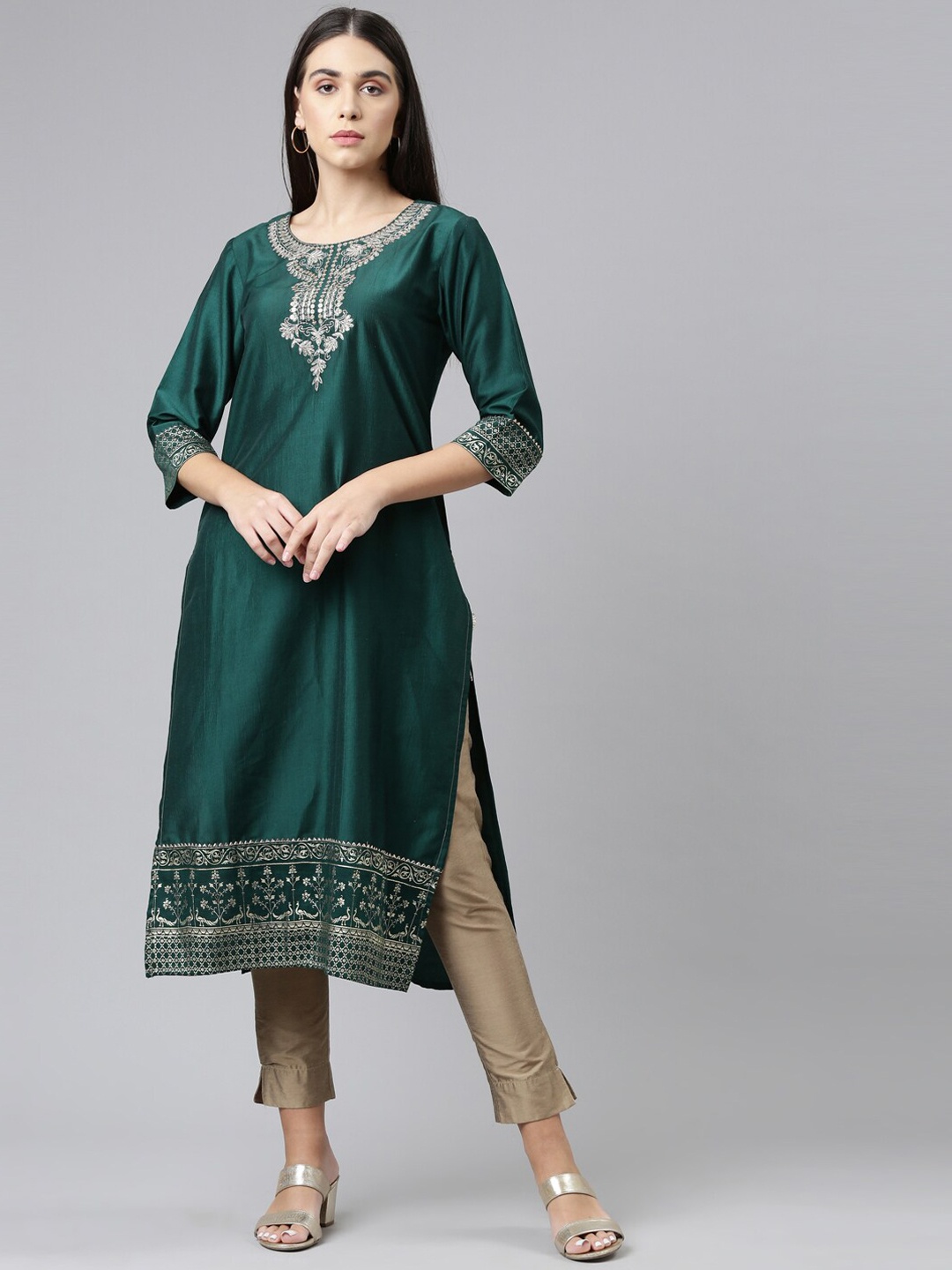 

Neerus Women Green Yoke Design Thread Work Kurta