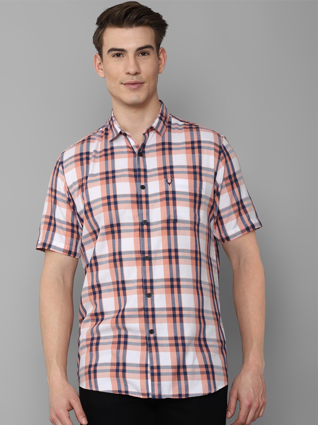 

Allen Solly Men White & Peach Slim Fit Tartan Checks Checked Cotton Casual Shirt
