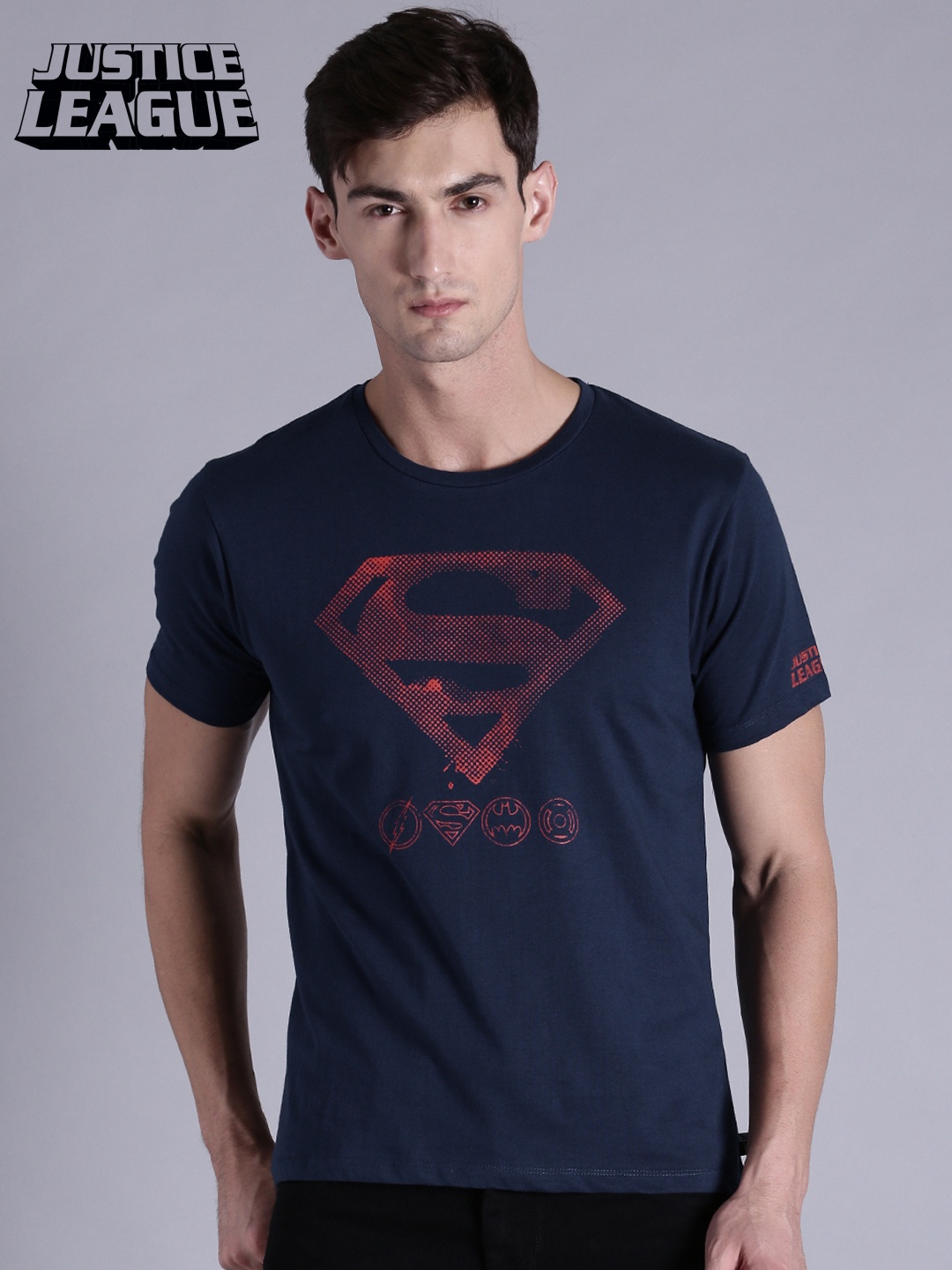 

Justice League Men Navy Blue Printed Round Neck Pure Cotton T-shirt