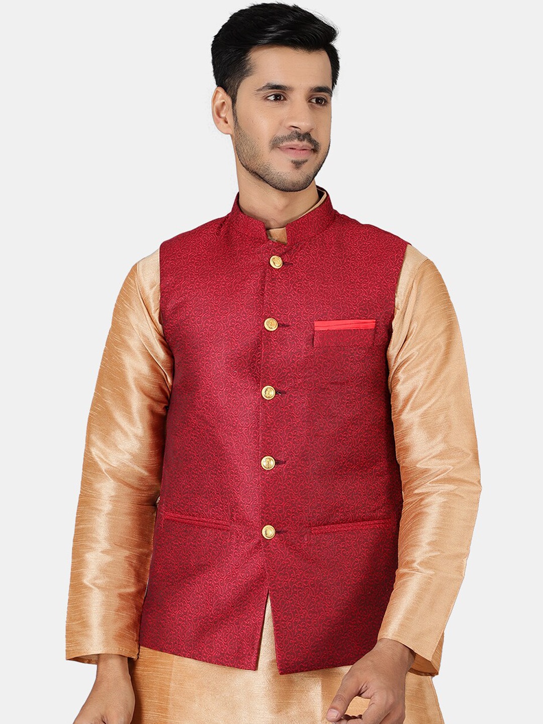 

Wintage Men Red Woven-Design Nehru Jacket