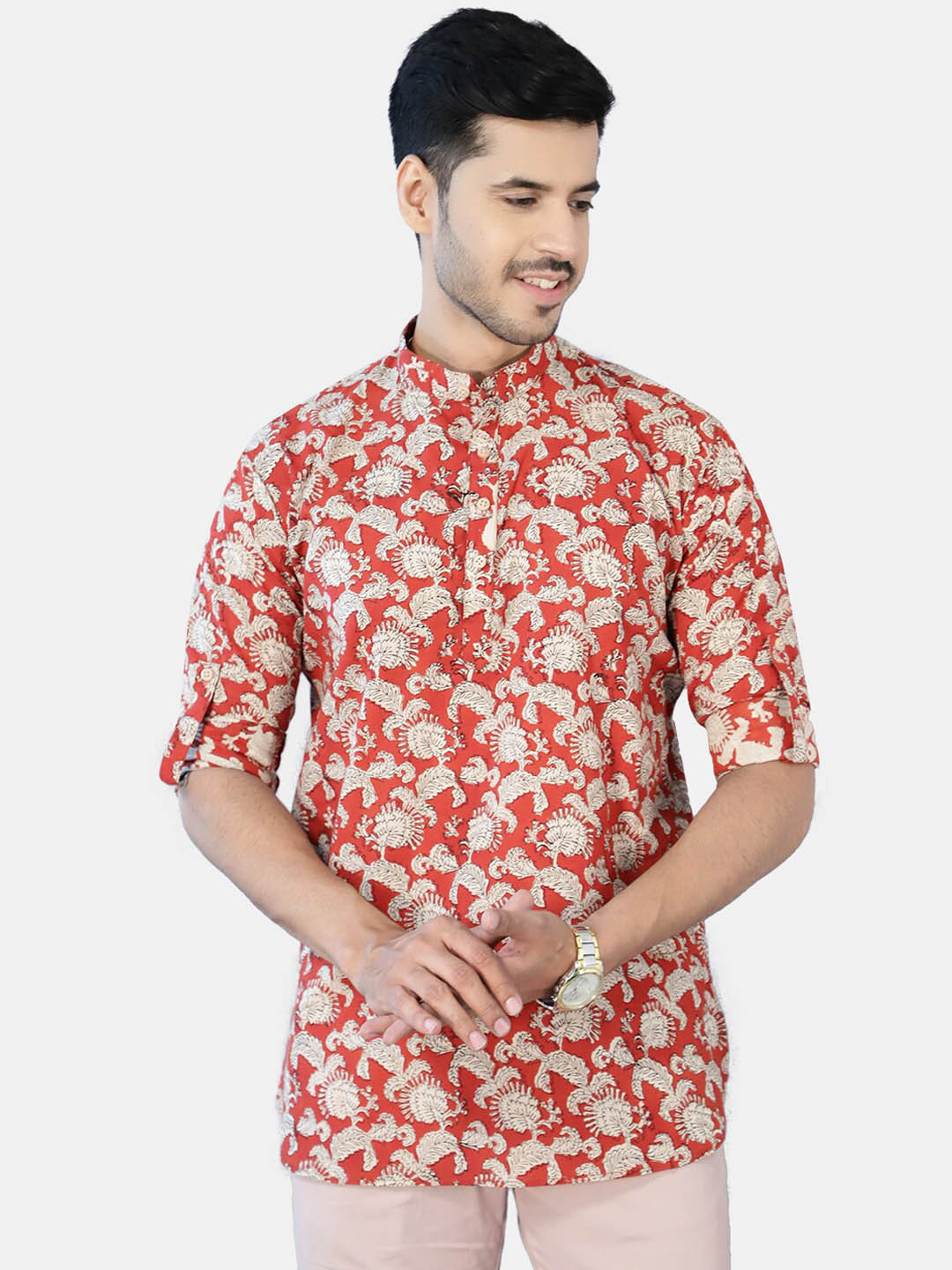 

Wintage Men Red Floral Printed Cotton Kurta
