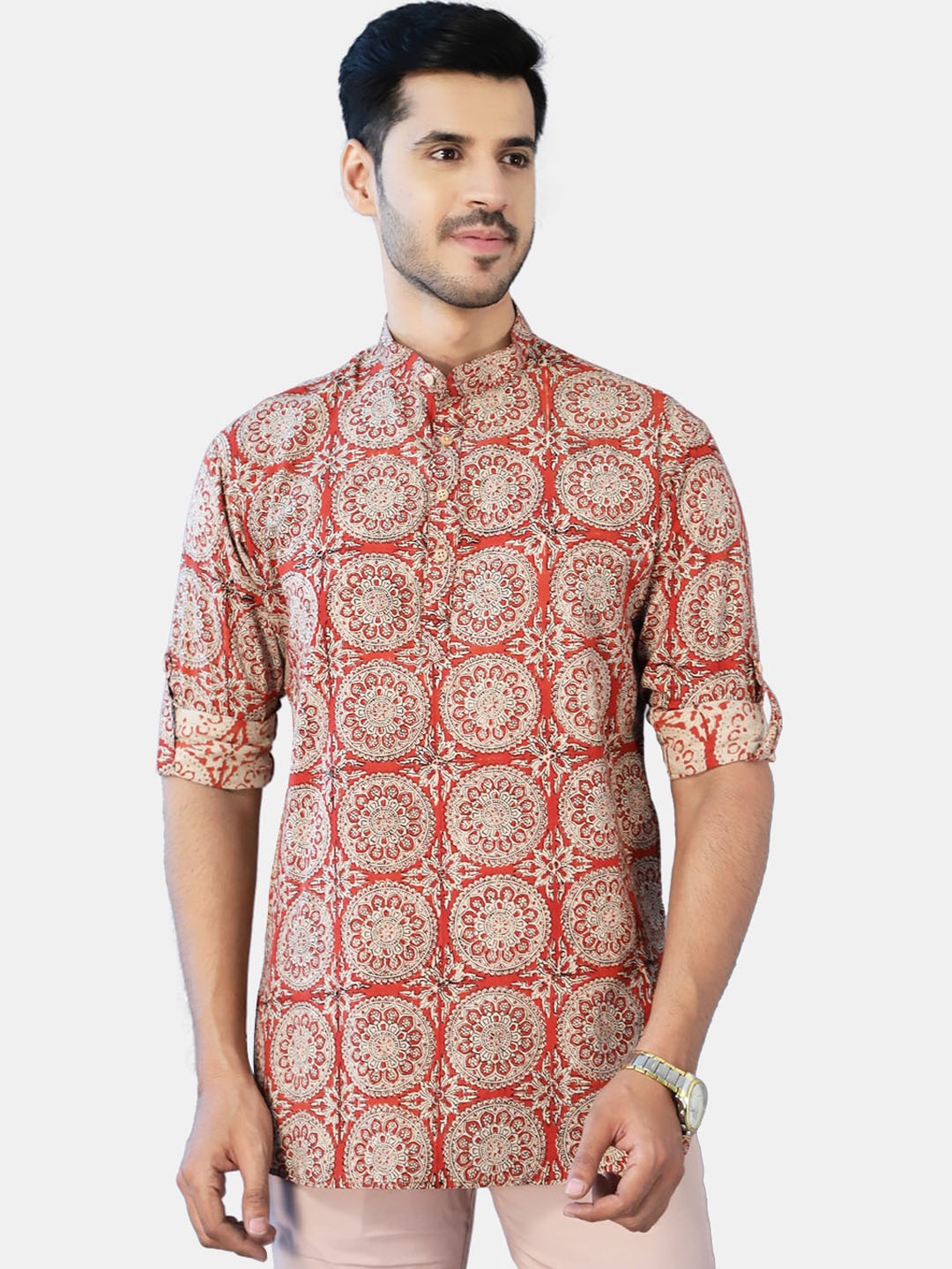 

Wintage Men Red & Beige Ethnic Motifs Printed Kurta