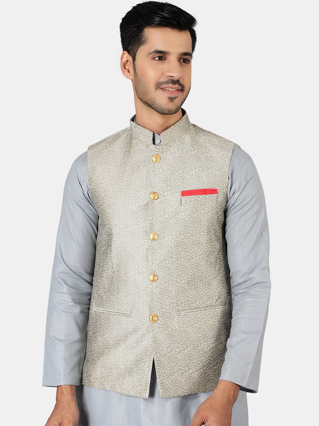 

Wintage Men Silver-Colored Woven-Design Nehru Jacket