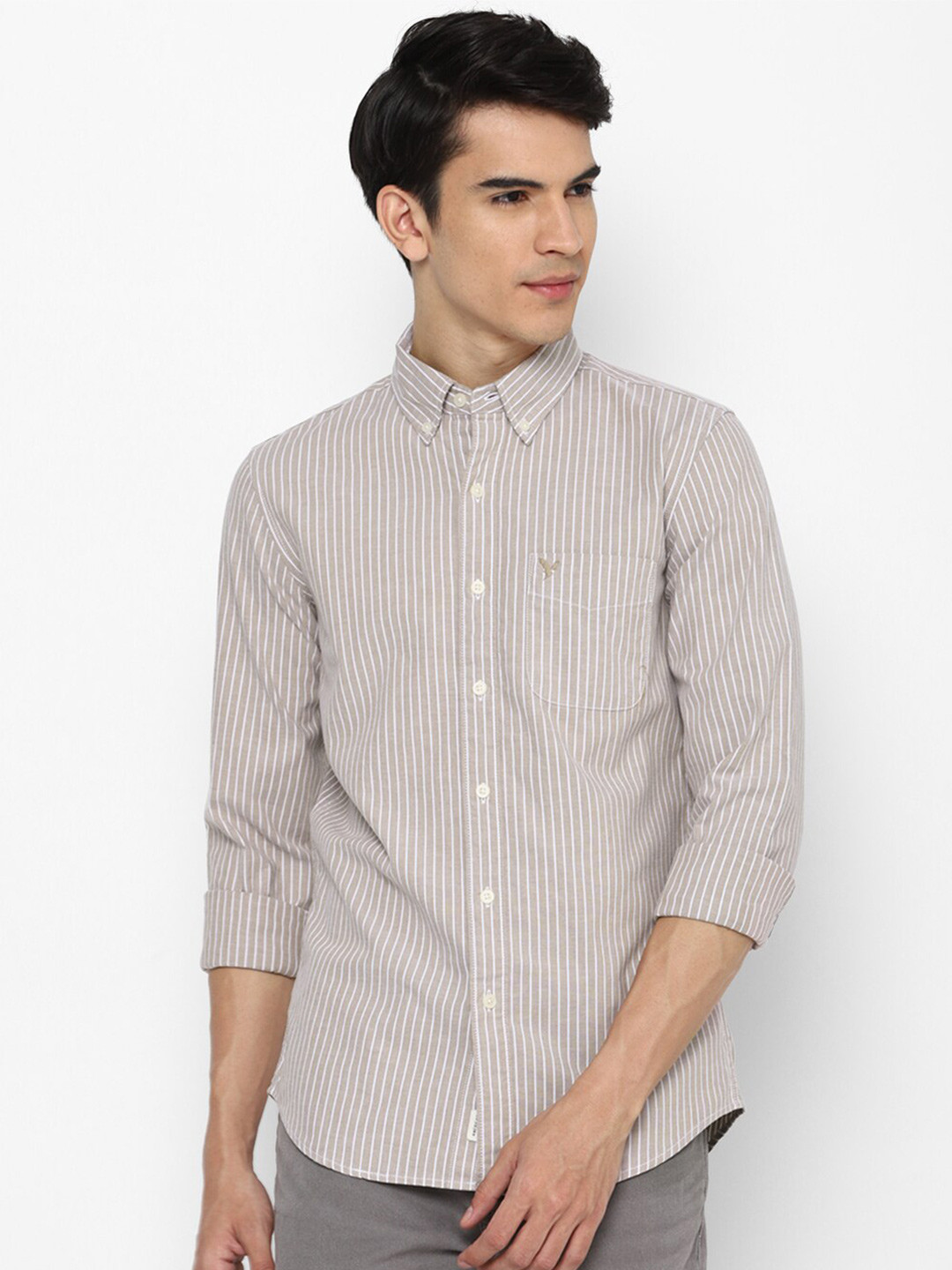 

AMERICAN EAGLE OUTFITTERS Men Beige Slim Fit Striped Cotton Casual Shirt