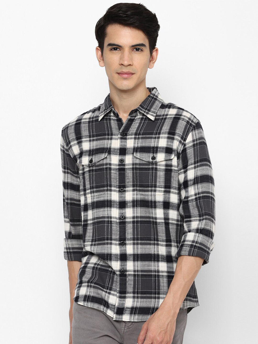 

AMERICAN EAGLE OUTFITTERS Men Grey & Black Tartan Checks Checked Cotton Casual Shirt