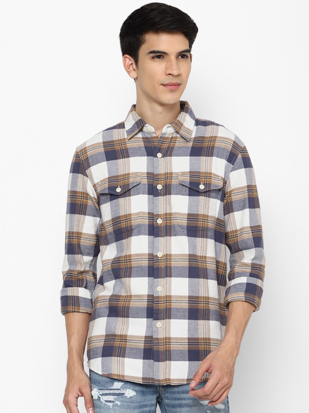 

AMERICAN EAGLE OUTFITTERS Men Beige Buffalo Checks Checked Cotton Casual Shirt