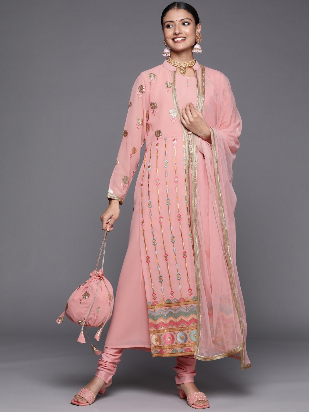 

Libas Women Peach-Coloured Embroidered Layered Sequinned Kurta Set with Dupatta & Potli