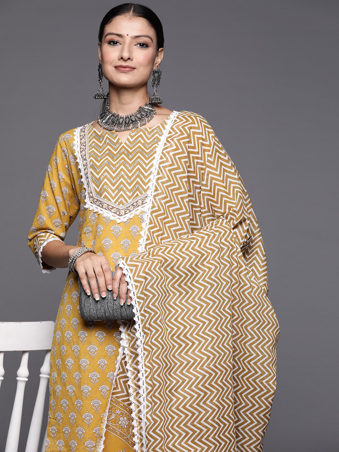 

Libas Women Mustard Yellow Printed Gotta Patti Pure Cotton Kurta with Trousers & Dupatta