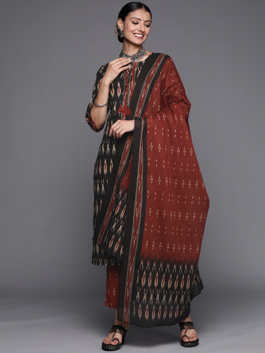 

Libas Women Black Ethnic Motifs Printed Pure Cotton Kurta with Trousers & Dupatta