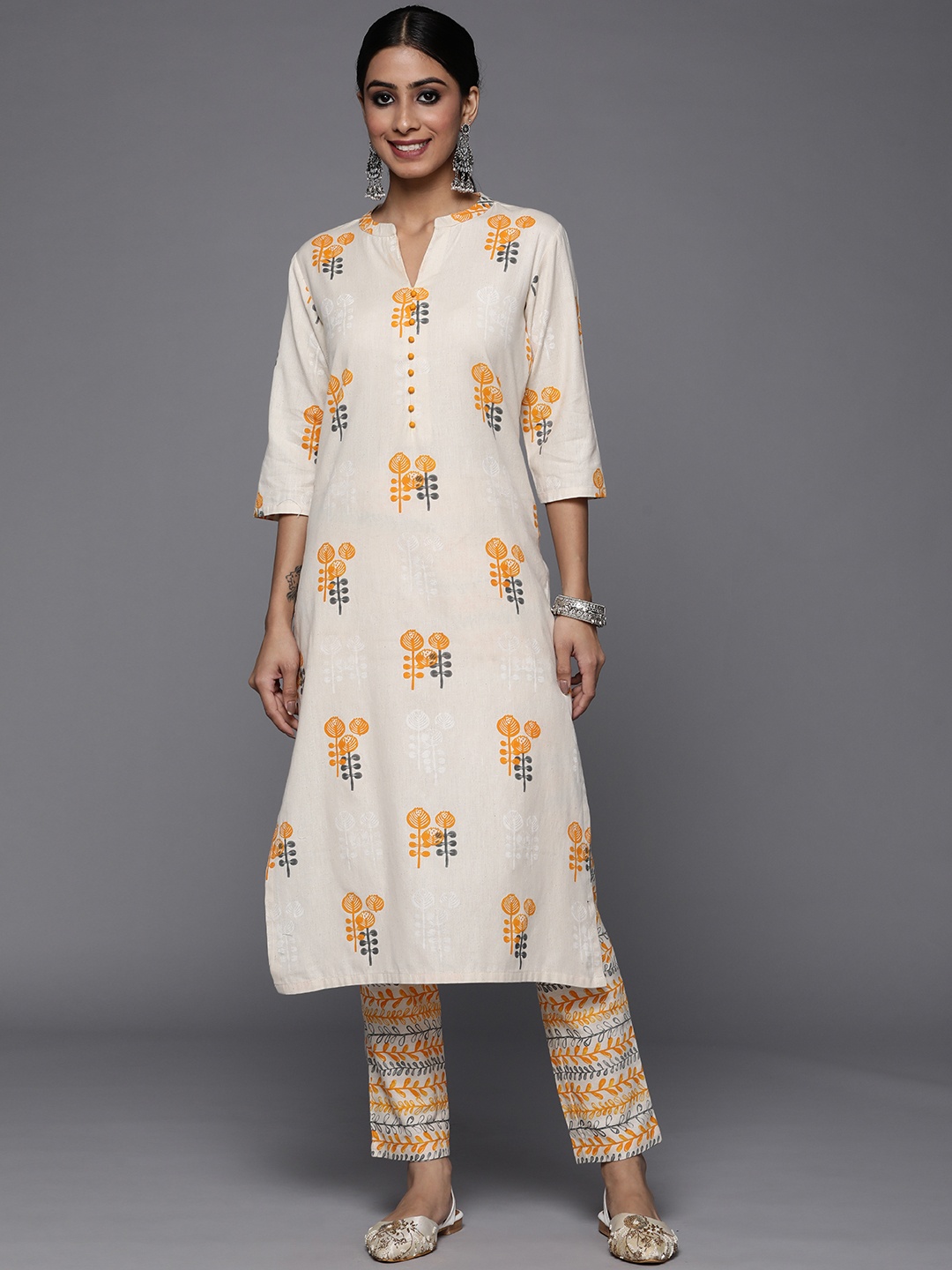 

Libas Women Off White & Orange Floral Printed Pure Cotton Kurta with Trousers