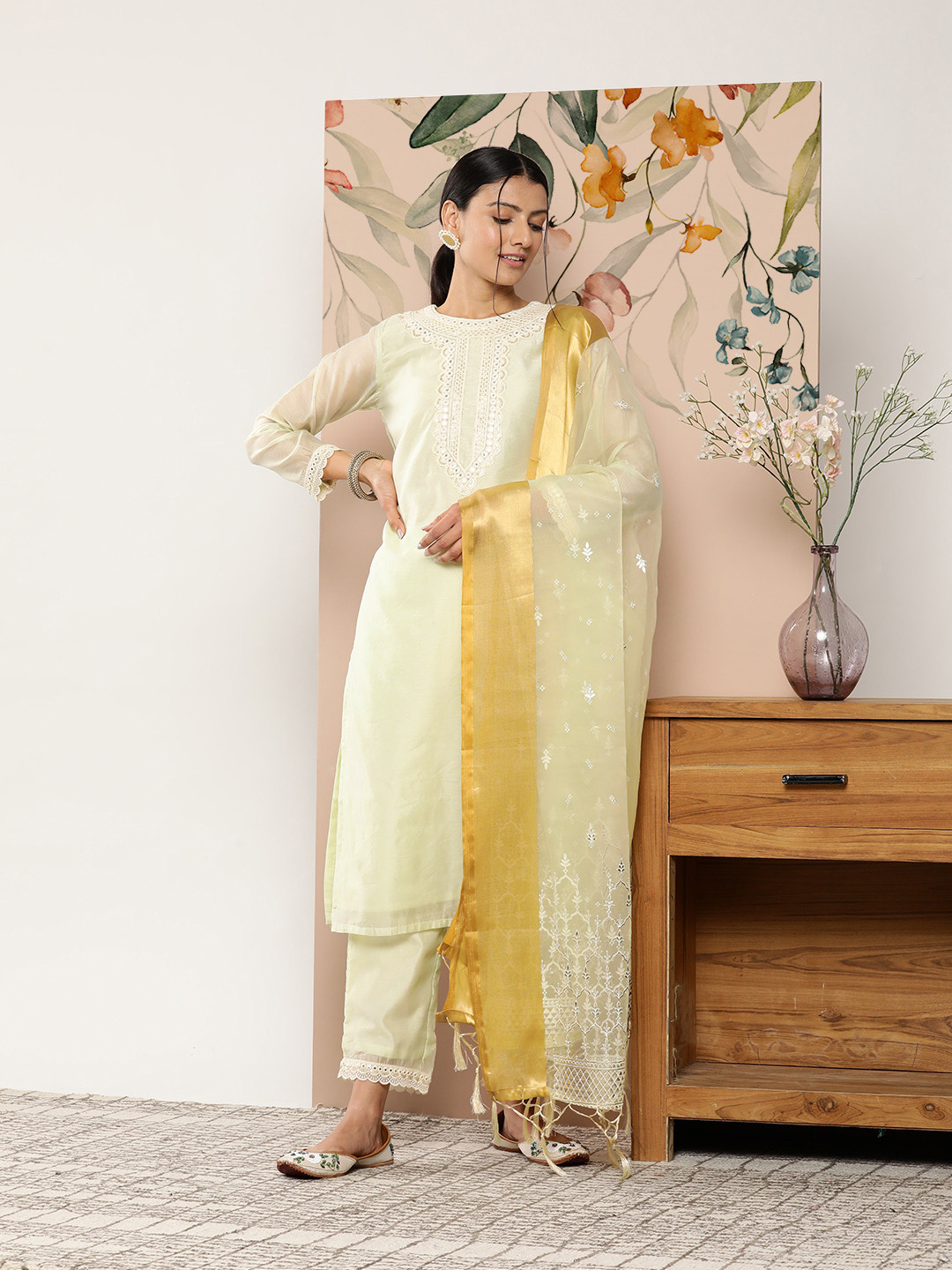 

Libas Women Yoke Design Mirror Work Chanderi Silk Kurta with Trousers & Dupatta, Green