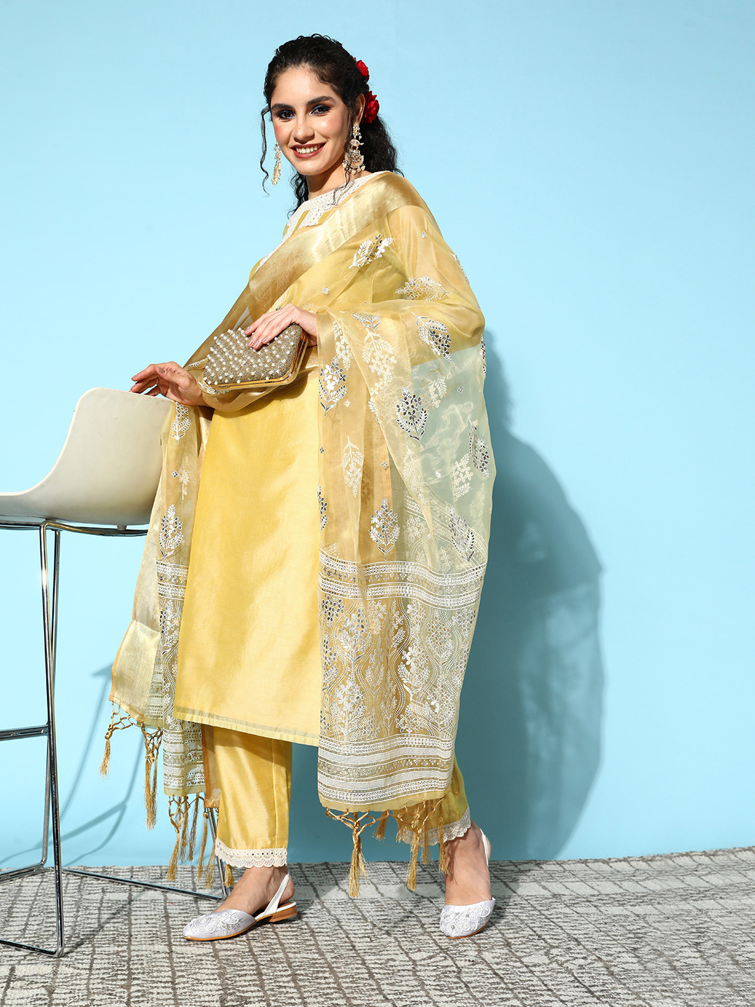 

Libas Women Yellow Yoke Design Mirror Work Chanderi Silk Kurta with Trousers & Dupatta