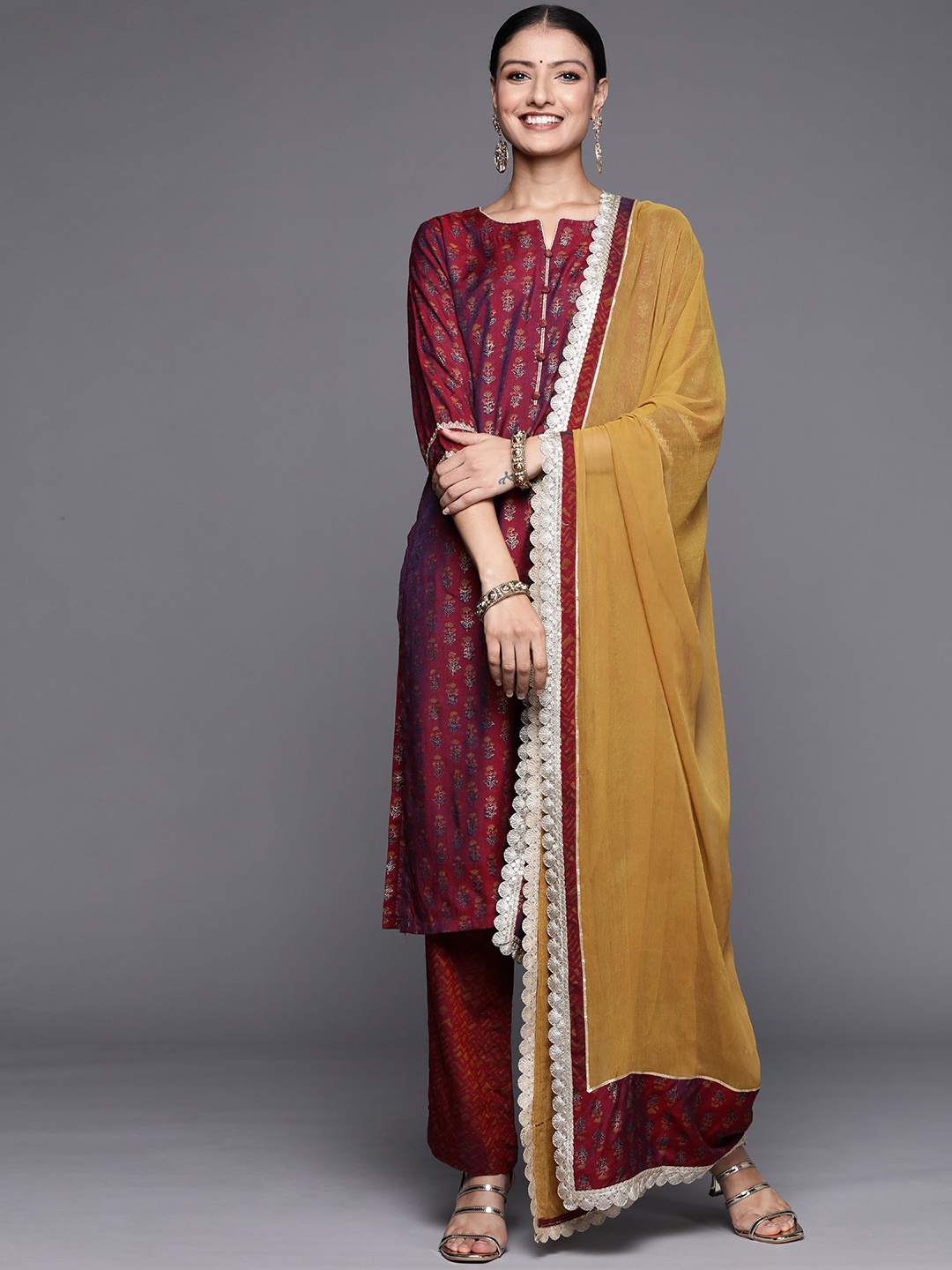 Libas Women Maroon Floral Motifs Printed Kurta with Trousers & Dupatta