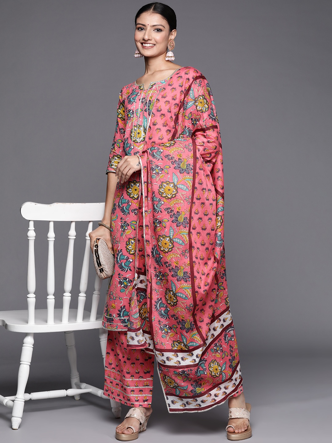 

Libas Women Pink Floral Motifs Gotta Patti Pure Cotton Kurta with Palazzos & Dupatta