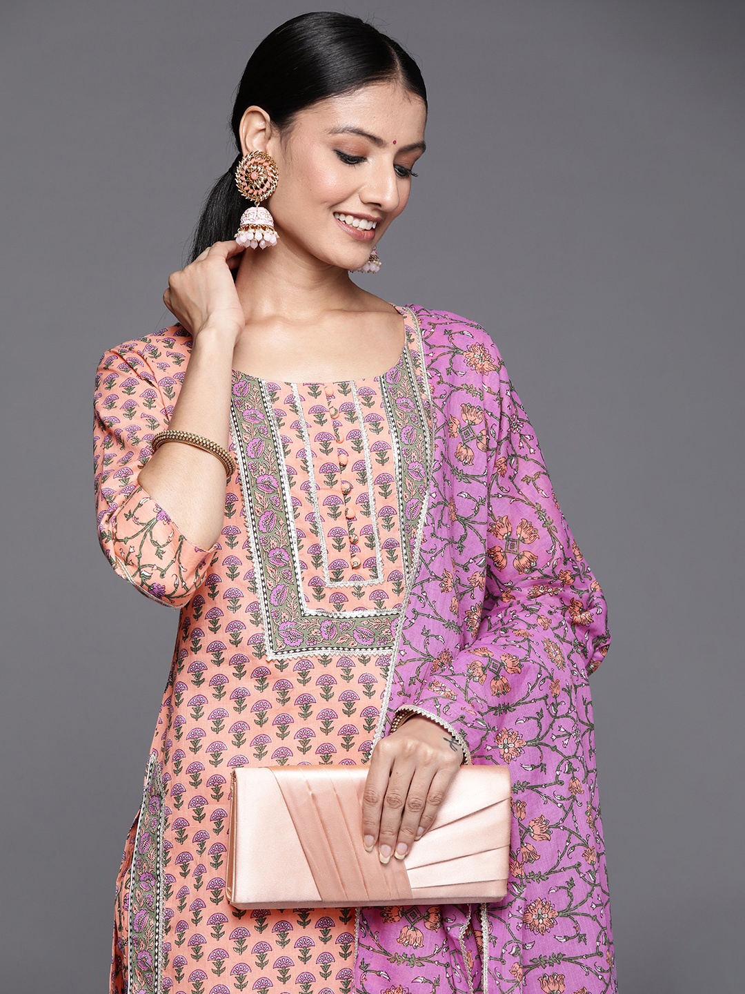 

Libas Women Pink Floral Printed Gotta Patti Pure Cotton Kurta with Trousers & Dupatta