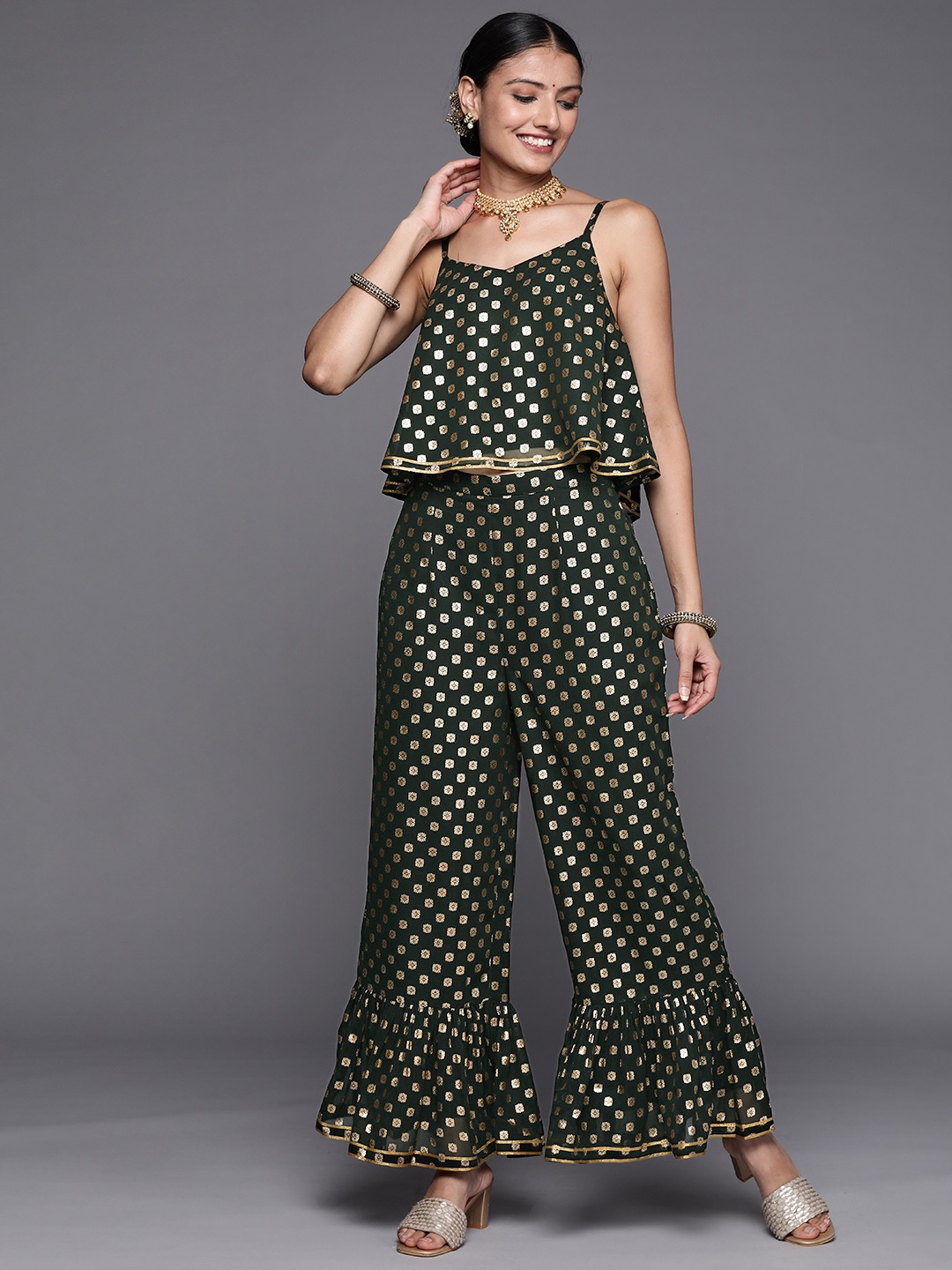 

Libas Women Green & Golden Ethnic Motifs Printed Co-Ord Set