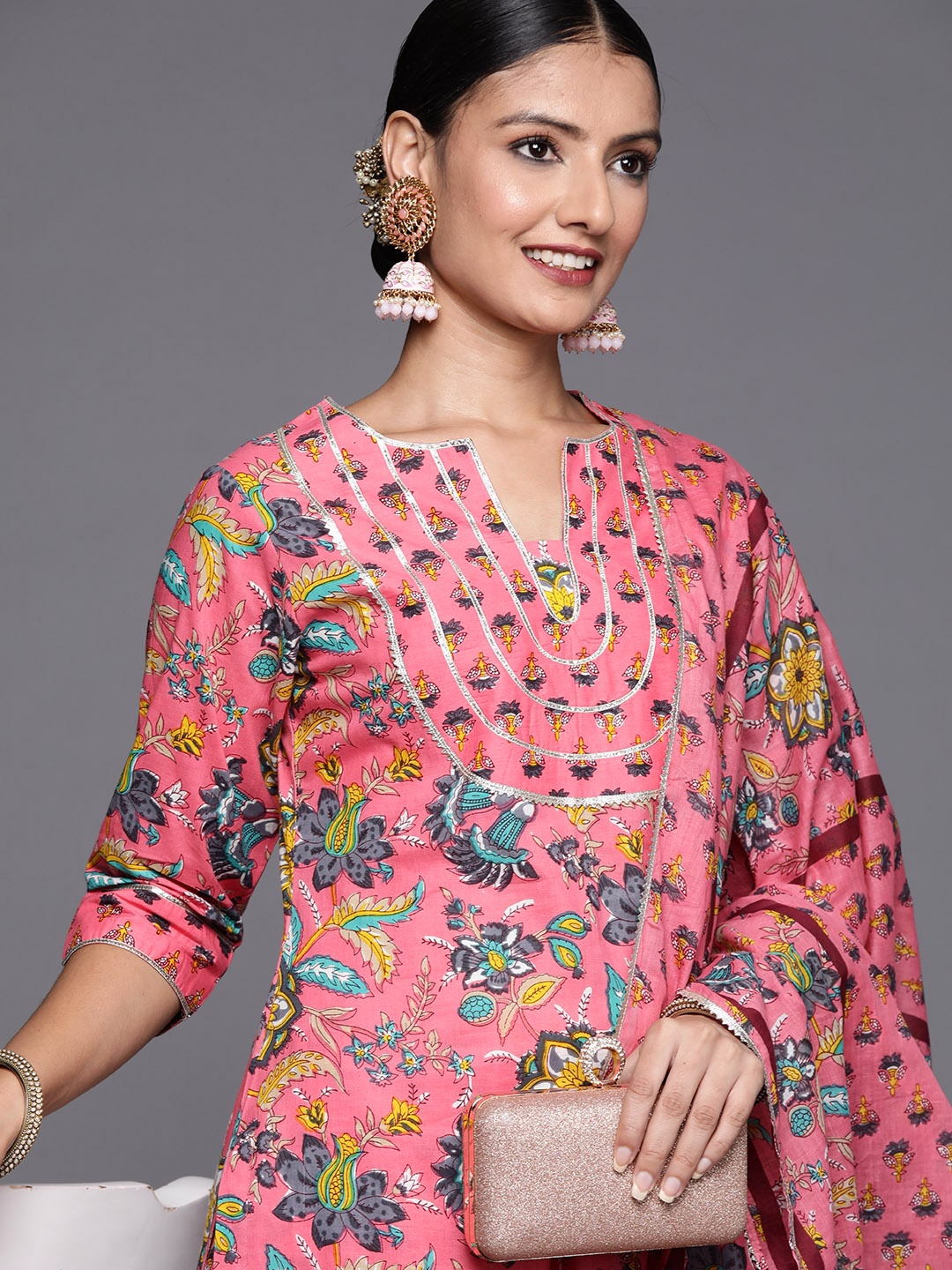 

Libas Women Peach-Coloured Floral Printed Pure Cotton Kurta with Trousers & Dupatta