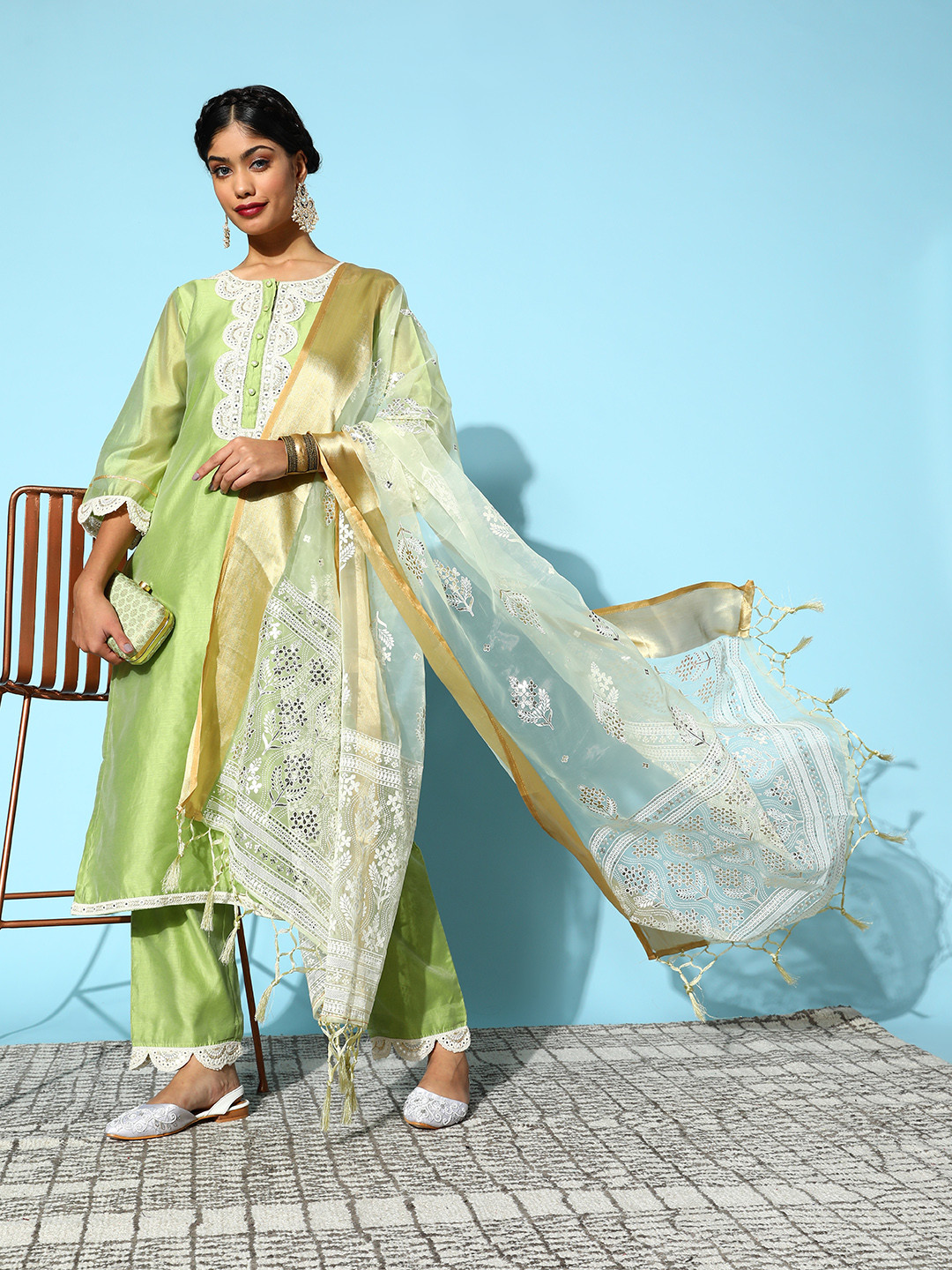 

Libas Women Green Yoke Design Mirror Work Chanderi Silk Kurta with Trousers & Dupatta