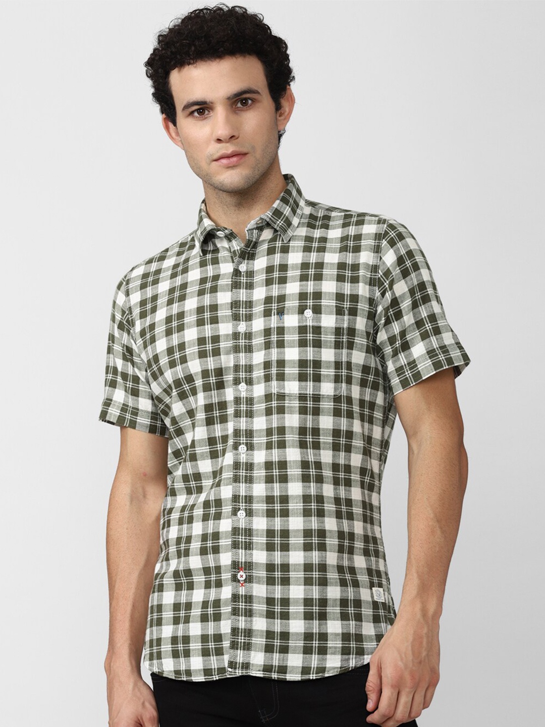 

VAN HEUSEN DENIM LABS Men Olive Green Checked Cotton Slim Fit Casual Shirt