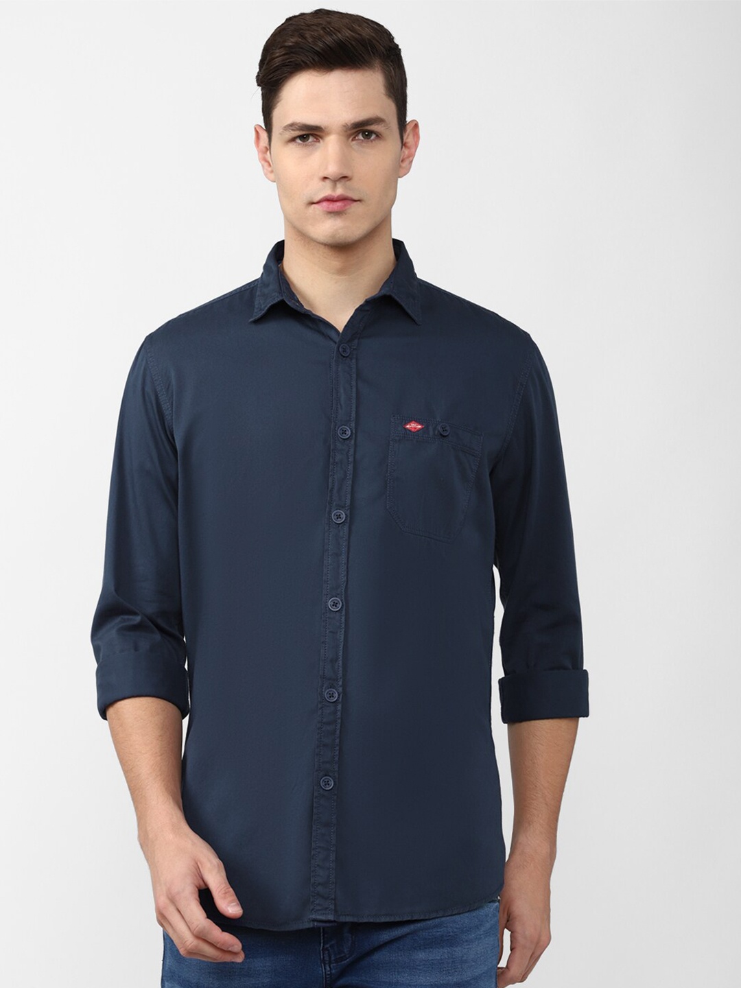 

VAN HEUSEN DENIM LABS Men Navy Blue Solid Cotton Slim Fit Casual Shirt