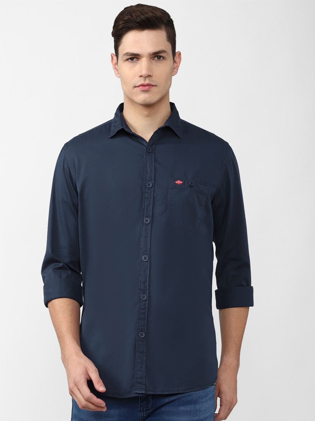 

VAN HEUSEN DENIM LABS Men Navy Blue Solid Cotton Slim Fit Casual Shirt