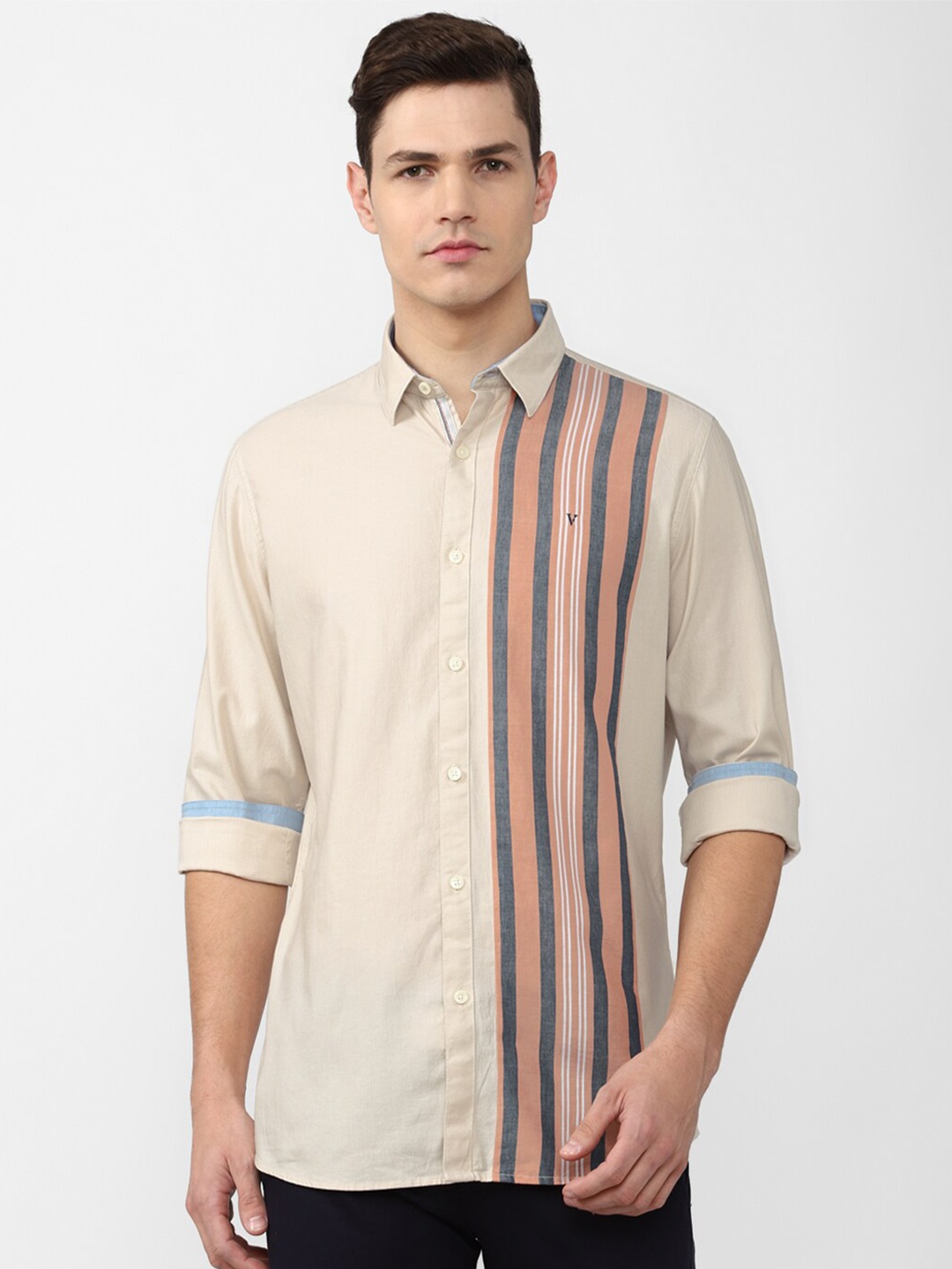 

Van Heusen Sport Men Cream & Peach Striped Cotton Slim Fit Casual Shirt